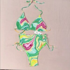Swirl Print Bikini Set | Triangle Top & High-Waist Bottoms